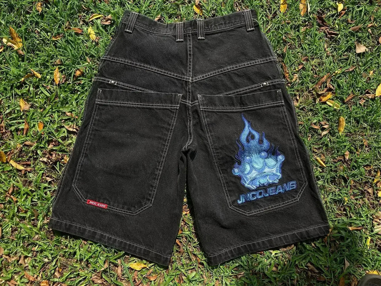 Y2K Hip Hop JNCO baggy jeans Denim Shorts vintage pattern Men Women Summer New Harajuku Gothic Men Basketball Shorts Streetwear