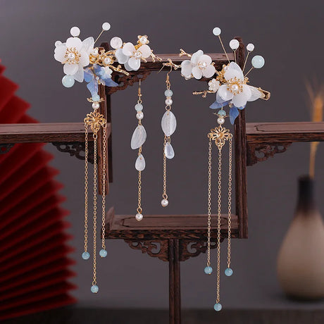 Chinese Hanfu Hair Accessories Set Long Fringed Vintage Hairpins Flower Handmade Hair Sticks For Women Traditional Retro Jewelry