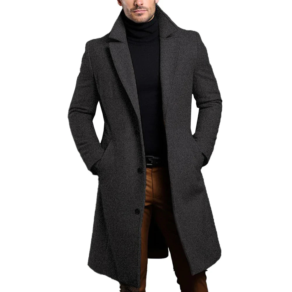 Atutumn Winter Long Warm Wool Trench Coat For Men Solid Color Single Breasted Luxury Wool Blends-Overcoat Tops Coats Clothing