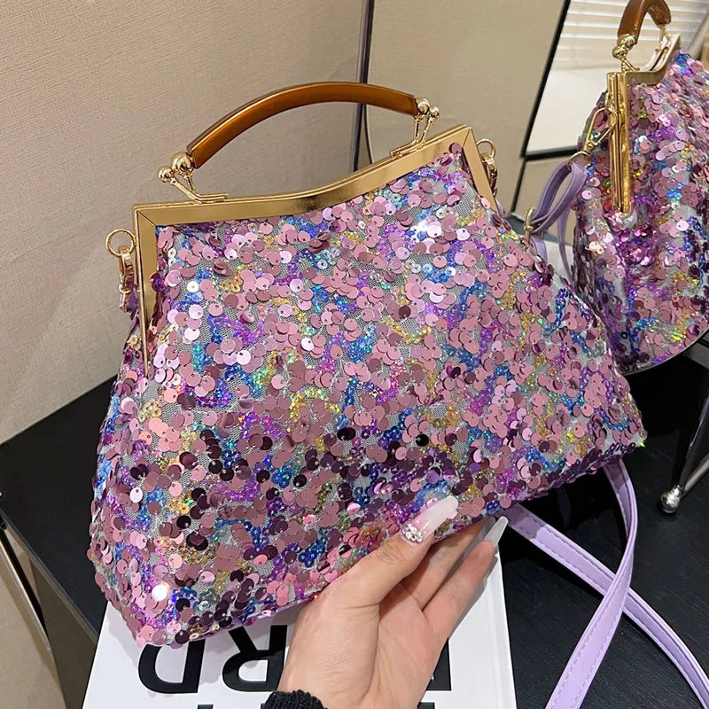 2023 Elegant Women Glitter Sequin Shell Clip Evening Clutch Purple Gold Bling Messenger Bags Luxury Designer Wedding Handbags