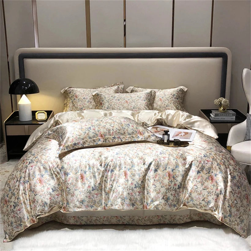 Mulberry Silk 4 Pieces Comforter Bedding Set, 1PC Duvet Cover, 1PC Bed Sheet, 2PCS Pillowcases, Luxury Home Textiles Bedclothes