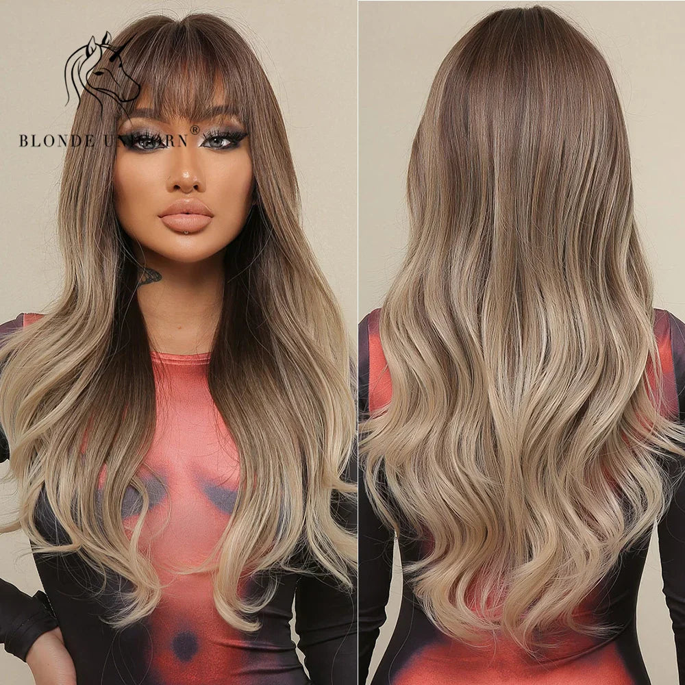 Blonde Unicorn Ombre Brown Blonde Synthetic Wig Long Wavy Wigs with Bangs Daily Cosplay Party Use Heat Resistant Fiber for Women