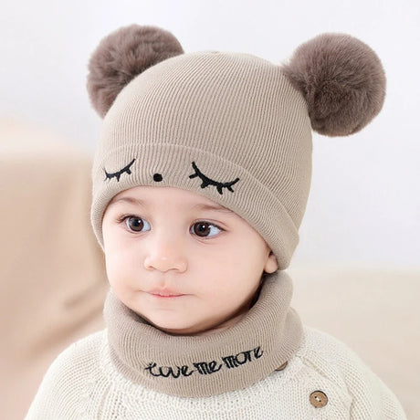 2Pcs/Set Autumn Winter Warm Baby Hat Scarf Set Solid Color Girl Boy Hats Embroidery Infant Toddler Beanies For Kids