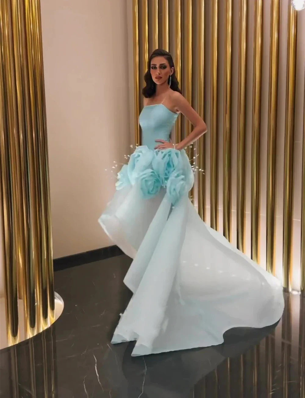 Exquisite Strapless Ball Gown Hi-Lo Prom Dresses Flower Organza Formal Occasion  فساتين سهره نسائيه فخمةفستان سهرهجديد في فس