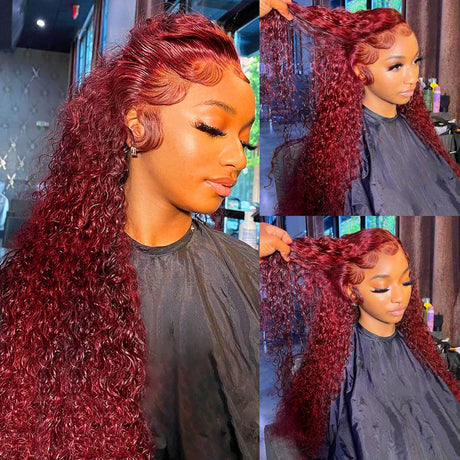 Le mythe 30 40 99J Burgundy Deep Wave 13x4 Lace Front Human Hair Wig 13x6 Lace Frontal Red Curly Wig Remy For Women 250 Density