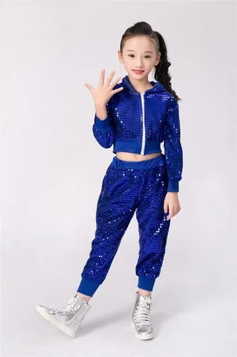 Children Sequin Hip-hop Jazz Dance Costume Girls Student Street DanceWear Ballroom Dancing Competitions Performance Stage Cloth