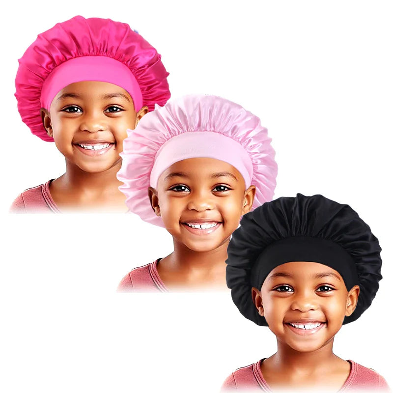 3PCS/LOT Children Elastic Sleepcap Kids Simple Solid Color Satin Bonnets Cute Nightcap Beauty And Hair Care Cap Shower Hat