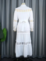 Chic Women Hollow Out Lace Splice Mock Neck Long Sleeve A Line Midi Dress with Belt Casual Party Club Outfits plus size