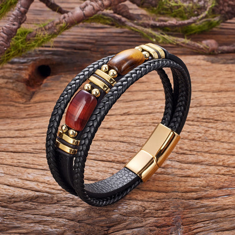 Natural Red Blue Tiger Eye Stone Men's Bracelet,Classic Multi-layer Braided Leather,Charm Bracelet For Man Jewelry Accessories