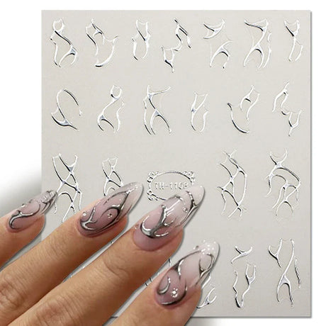 3D Silver Frame Nail Sticker Silver Bronzing Stripe Lines Sliders For Nails Tribal Pattern Decals Marble Blooming Nail Tattoos