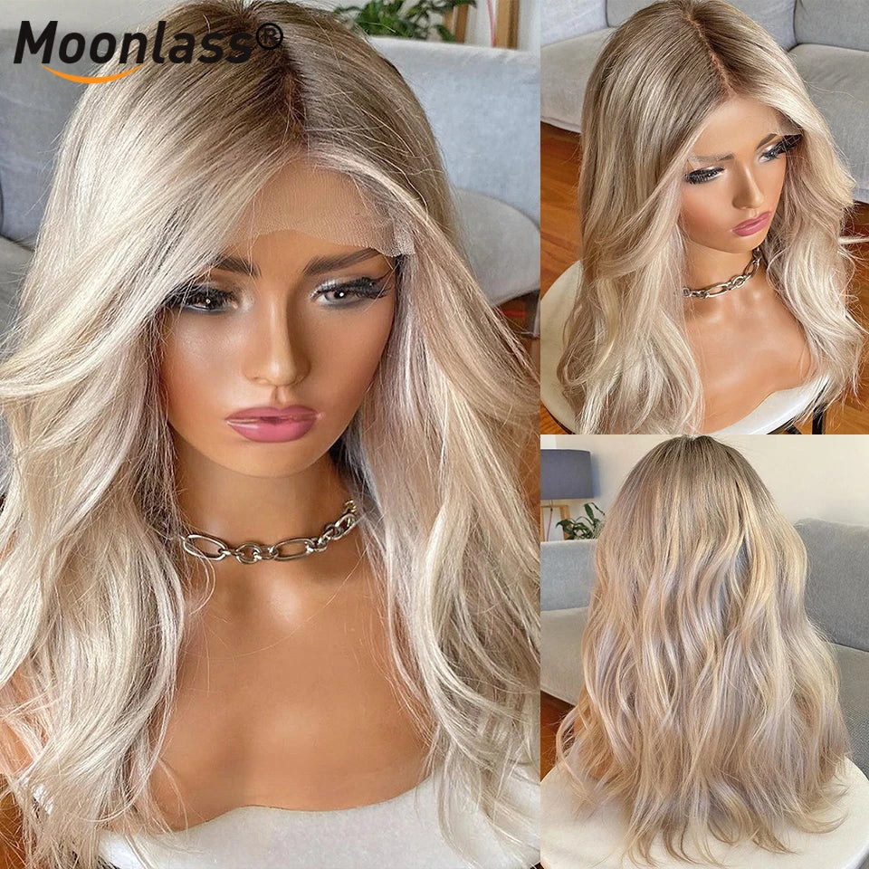 13x6 Ash Blonde Ombre Human Hair Wig Body Wave Brazilian Remy Hiar Lace Front Wigs For Women Preplucked HD Transparent Lace Wig