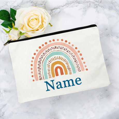 White Personalized Name Bag woman rainbow print Makeup Bag Storage Pouch Toiletries storage Cosmetic Pocket Gift for teachers