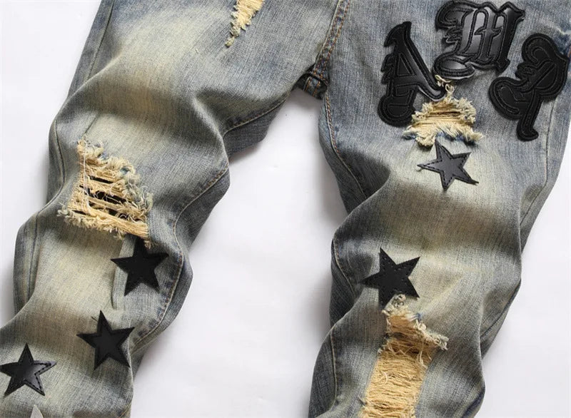 usa style Man's Jeans Five-pointed Star Torn Patches Trendy Elastic Slim Leggings Versatile Pants Denim Hole Letter top quality