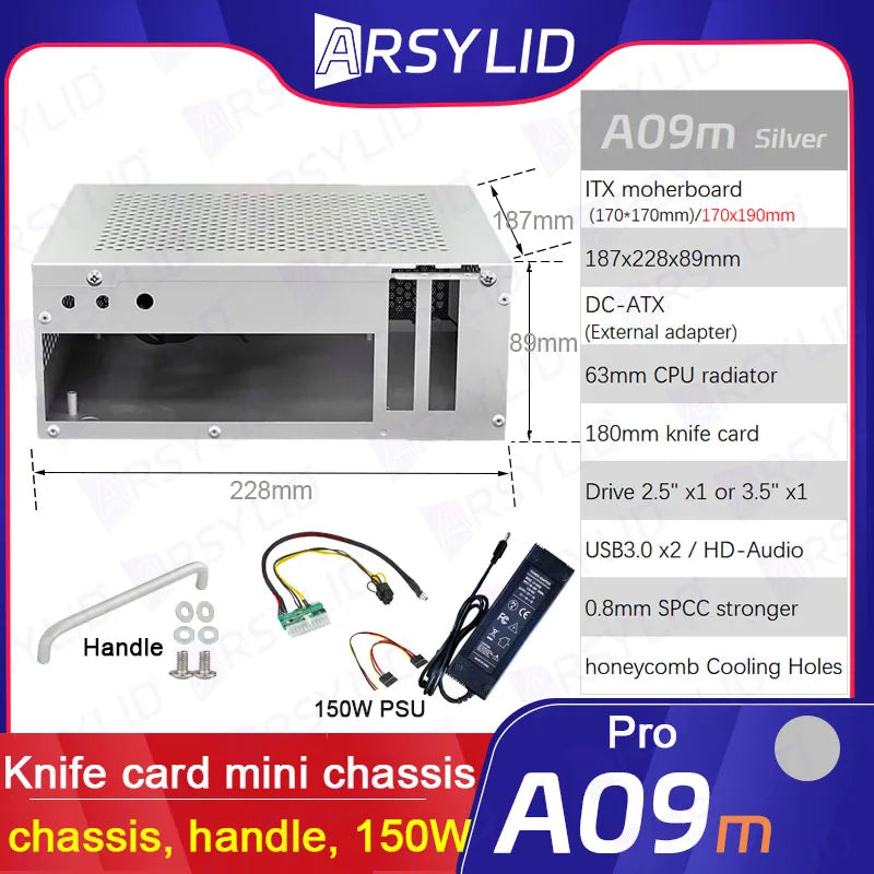 A09m 3.8L ITX Chassis Knife Card A4 HTPC Portable Computer PC Support PCIe 2.5' SSD Drive Mini IPC Flex PSU Case