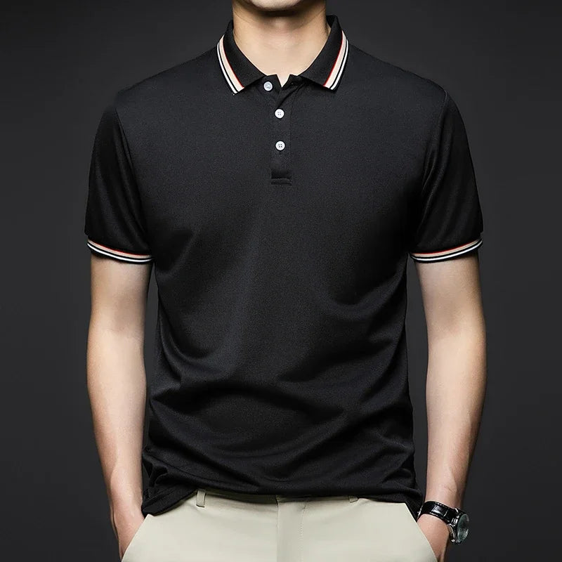 Men's Fashion Solid Short Sleeved Striped Lapel Polo Shirt Summer Breathable Comfortable Top