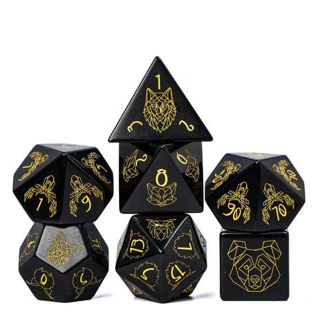 Cusdie 7Pcs Obsidian Dice DND Handmade 16mm D4-D20 Polyhedral Gemstone Dice Set with Leather Box D&D Dices for RPG Collection