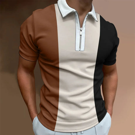 Men's Solid Color Striped Polo Shirt Short Sleeve Golf Turn-down Collar Zipper Polo Shirt&for Men Casual Streetwear Summer Tops