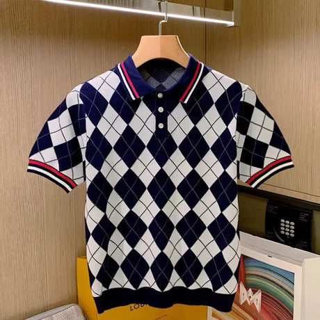 Spring Summer Men Short Sleeve Polo Shirt Male Plaid Contrast Color Slim Fit Mesh Fabric Ventilate Golf Polo Shirt 2024 W49