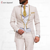 Latest Royal Blue Suit Men 3Pcs Slim Fit Wedding Best Man Groom Tuxedo Double Breasted Gold Trim Jacket Vest Pants Set Tailcoat