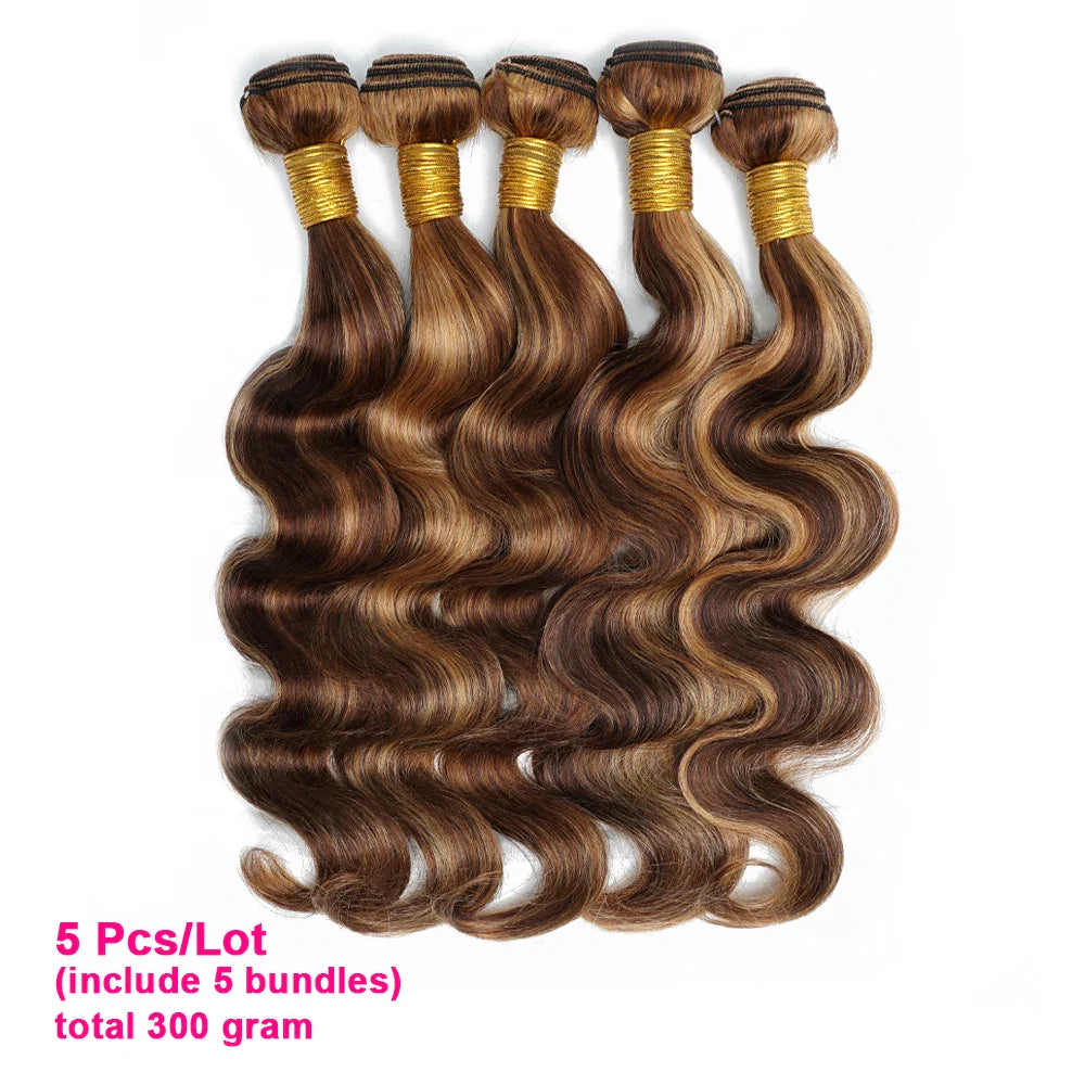 Body Wave Highlight P4/27 Human Hair Bundles 60Gram 10 to 22 Inch Pre-colored Brown Blonde Peruvian Hair Extensions 1/3/5/7Pcs