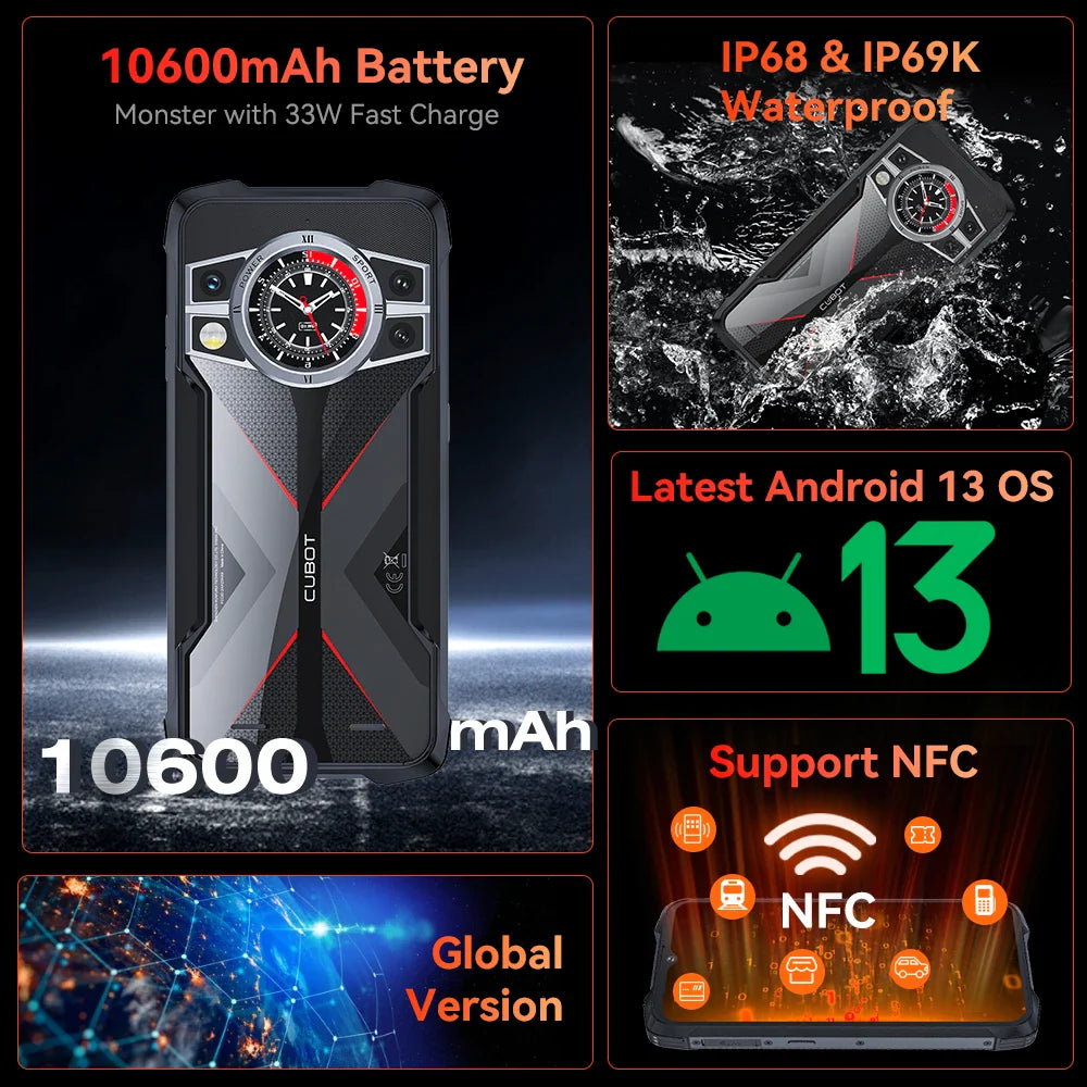 Cubot KingKong 9 Rugged Smartphone 6.583"Screen 120Hz 100MP+32MP Camera Mobile Phone 10600mAh Battery 24GB+256GB NFC Cellphone