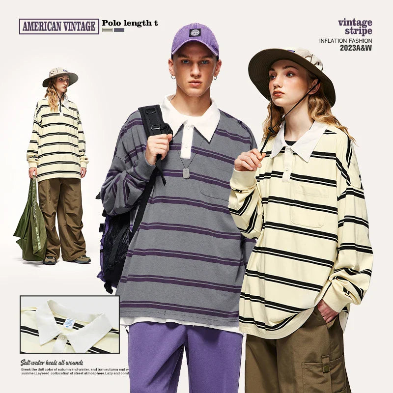 INFLATION Cityboy Striped Oversized Rugby T-Shirt Unisex Harajuku Long-Sleeved Polo Shirts Men Plus Size