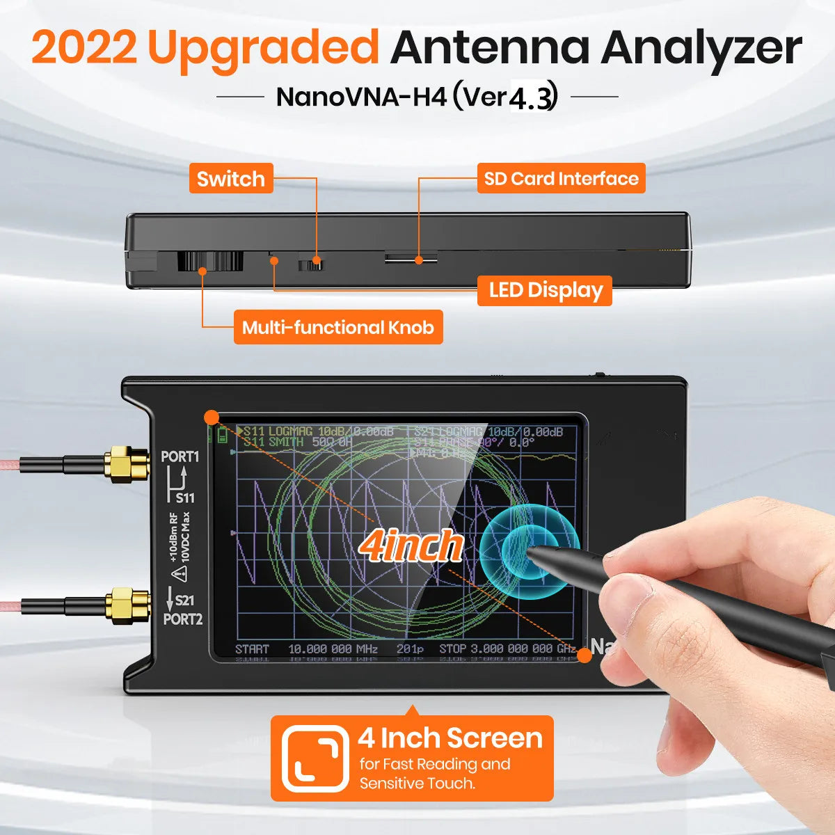 Hugen NanoVNA-H4 Vector Network Antenna Analyzer, Spectrum Analyzer, 4" Display 10KHz-1.5GHz MF HF VHF UHF Antenna Tuner