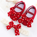 0~18M Cute Bowknot Newborn Baby Shoes Headband Set Anti Slip Toddler Infant First Walker Baby Girls Newborn Soft Sole Pink Shoes