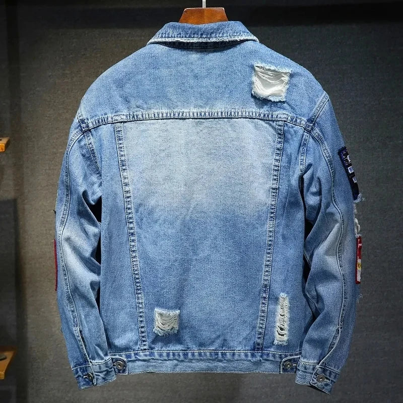 Men Brand Denim Jacket Streetwear Punk Motorcycle Ripped Print Cowboy Coats High Quality Casual Hole Loose Male Jeans Outwear