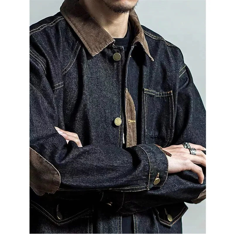 Spring Autumn New Men's Denim Jacket Loose Trend Long-sleeved Retro Trendy Handsome Casual Trendy Jeans Coat Leisure Solid Color