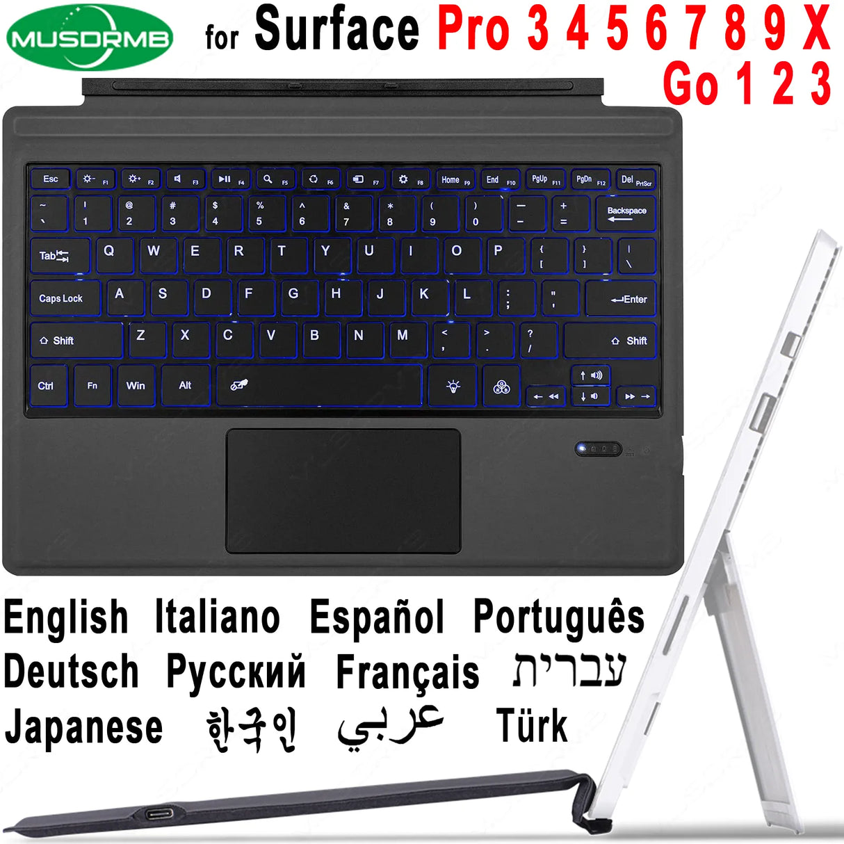 Backlit Keypad for Microsoft Surface Pro 3 4 5 6 7 8 9 X Go 1 2 3 Trackpad Wireless Magnetic Keyboard Arabic Ñ Korean AZERTY