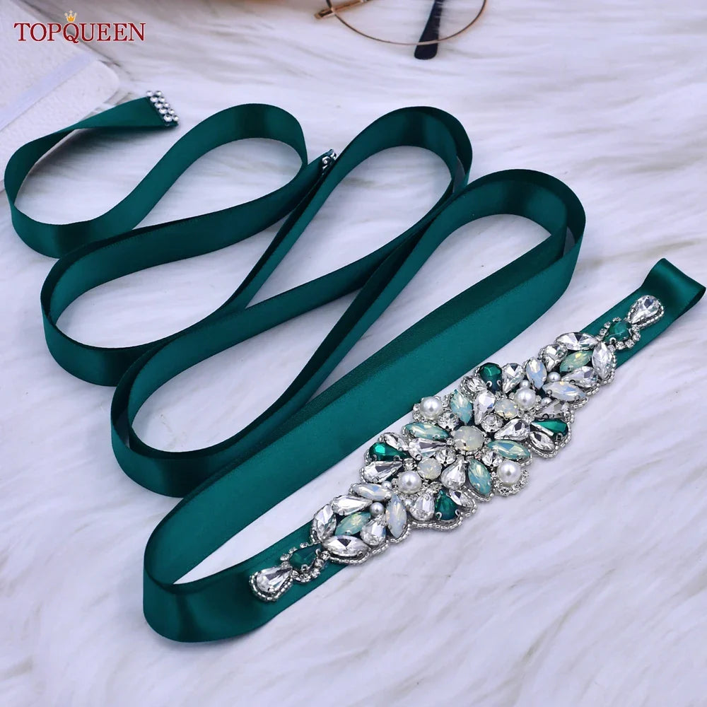 TOPQUEEN Multiple Styles Green Belt With Diamonds Bridal Wedding Accessories Rhinestone Women'S Dresses Evening Girdles S30