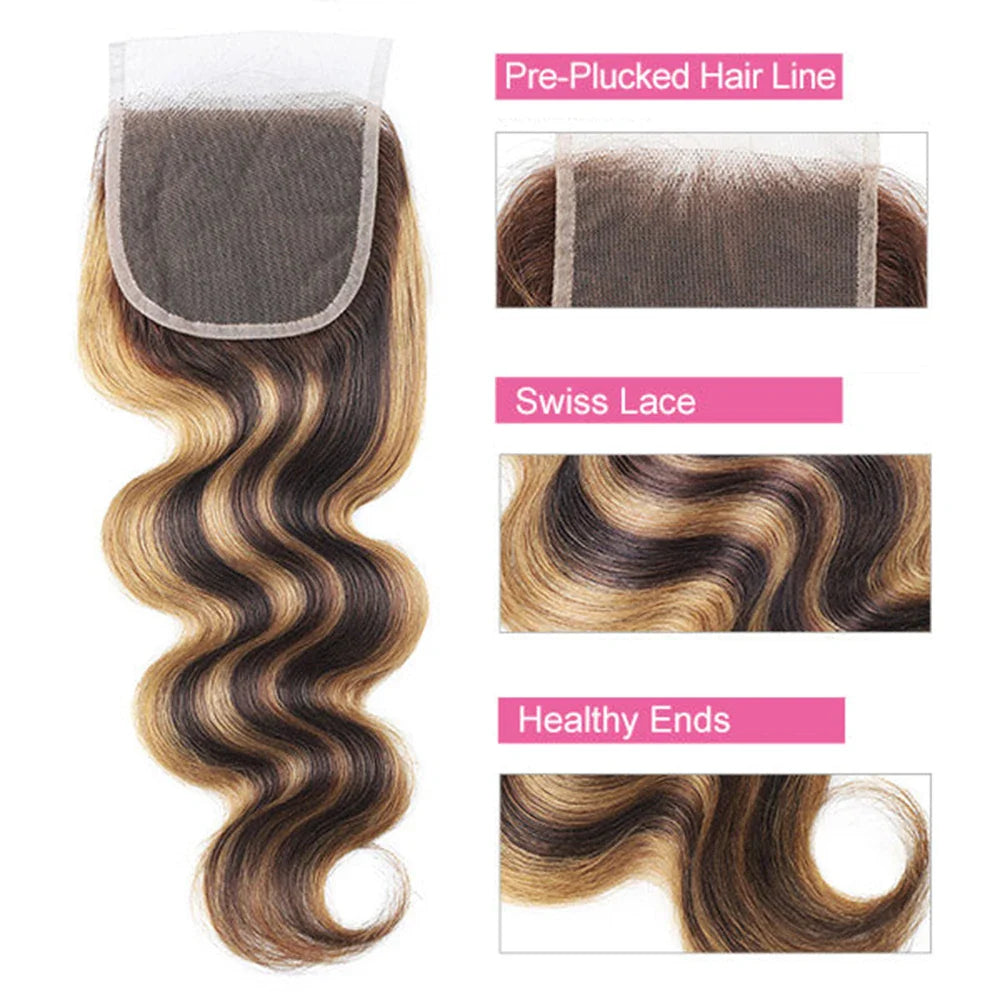 P4/27 Highlight Body Wave 3/4 Human Hair Bundles With 4x4 HD Lace Closure Pre-Plucked Peruvian Remy Hair Extention 220g/Set