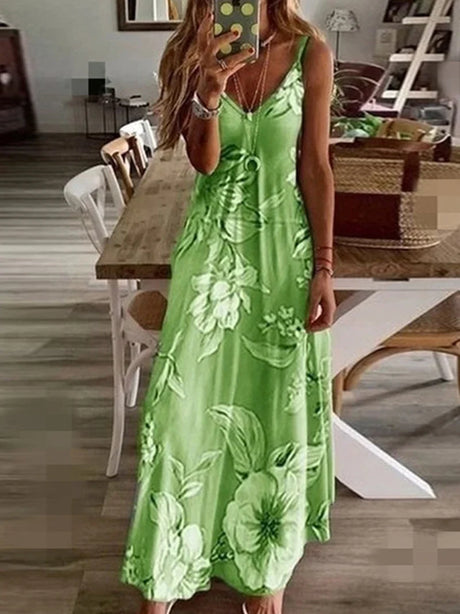 Plus Size Lady Spring Summer Dress Women V-Neck Long Dresses Elegant Casual Bohemian Sleeveless Women Beach Party Dress Woman