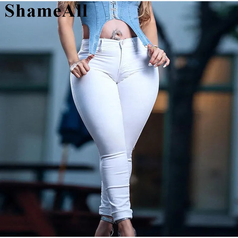 Plus Size High Waist Sexy Skinny White Basic Casual Jeans 4XL Bodycon Slim Straight Pencil Denim Pants Lady Indie Trousers Jean