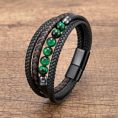 Stainless Steel Genuine Men‘s Leather Bracelet Natural Chakra Stone Bead Bracelet Trendy Designer Luxury Man Bracelet Jewelry