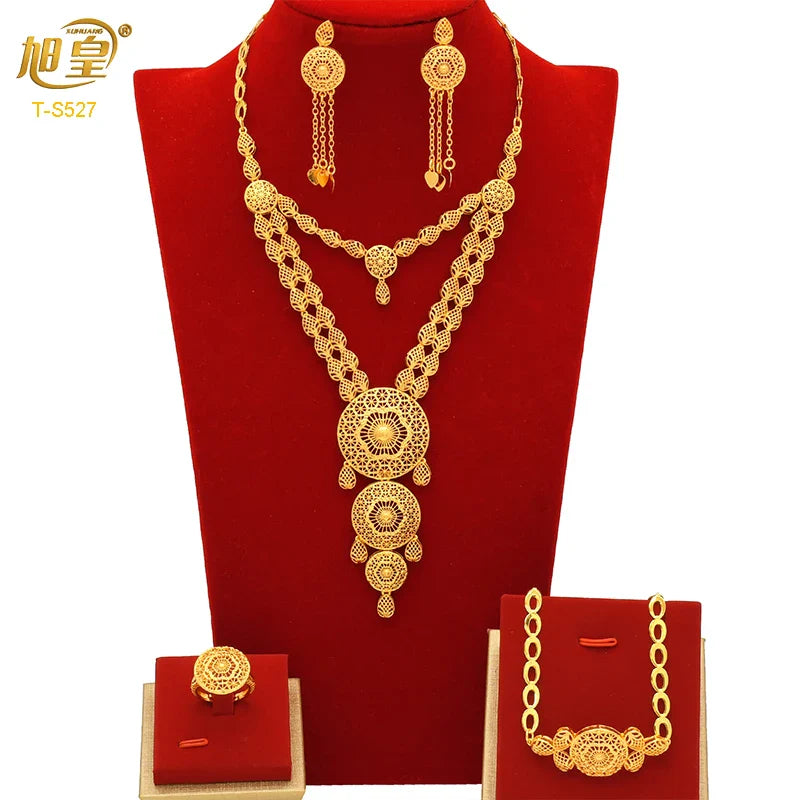 XUHUANG African Big Luxury 4PCS Dubai Gold Color Jewelry Necklace Sets For Women Bridal Wedding Sets 2023 Trend Jewellery Gifts