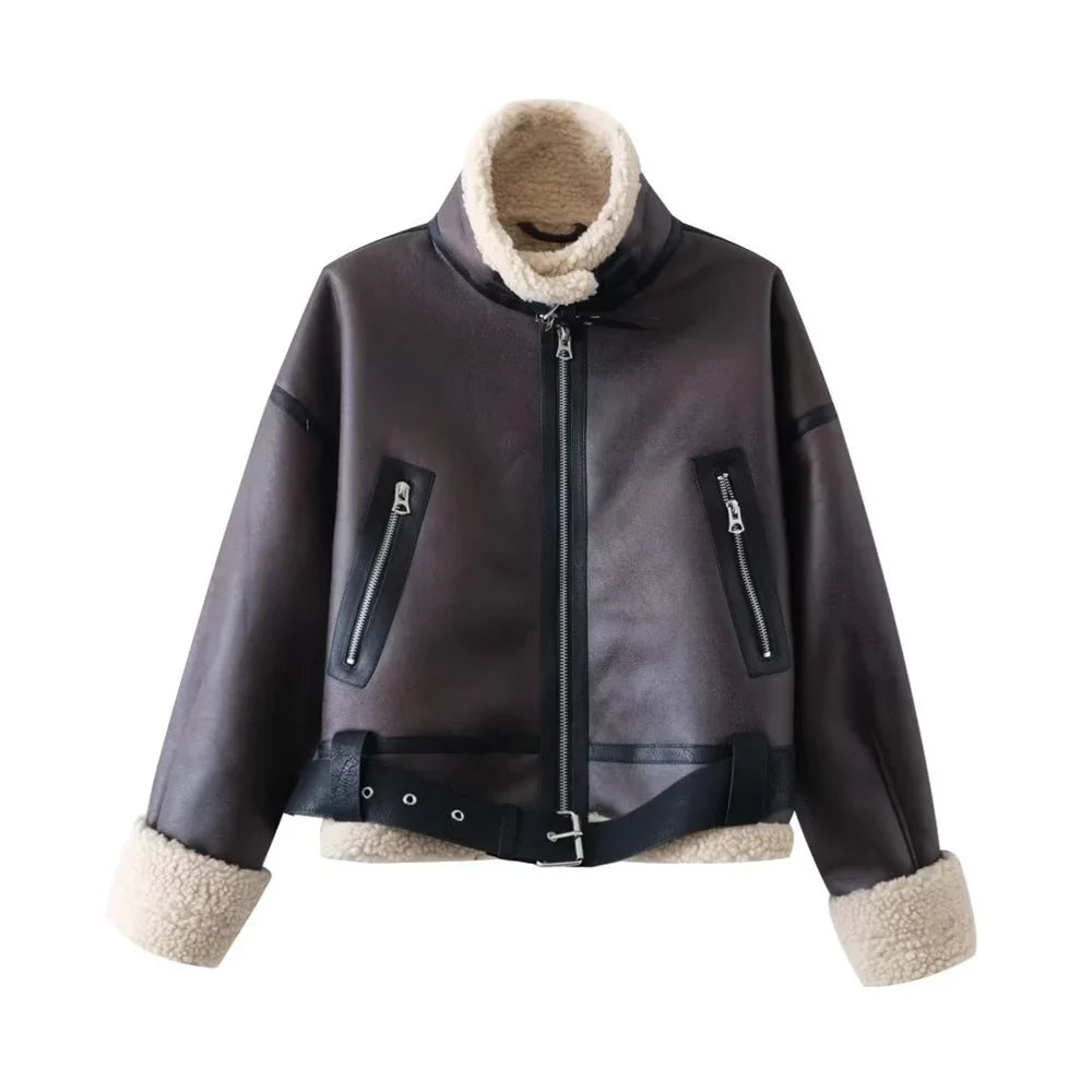 UNIZERA 2023 Autumn/Winter New Product Women's New Fashion and Casual Versatile Flip Collar Leather and Fur Integrated Jacket Co