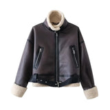 UNIZERA 2023 Autumn/Winter New Product Women's New Fashion and Casual Versatile Flip Collar Leather and Fur Integrated Jacket Co