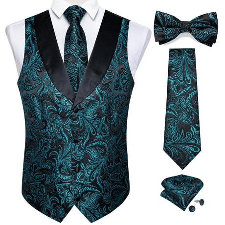 Brand Suit Vest Set For Men Luxury Silk Black Gold Paisley Dress Vest Tie Cufflinks Handkerchief Set Male Sleeveless Waistcoat