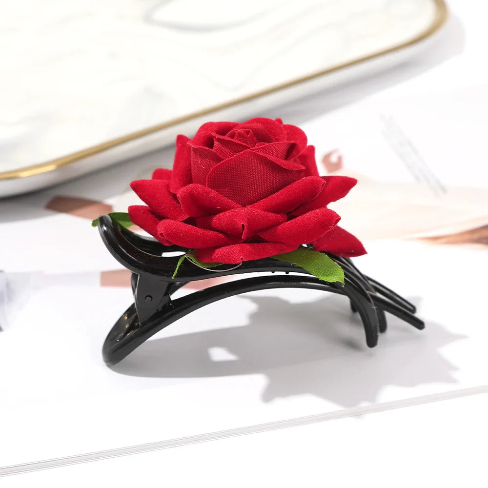 AWAYTR Flower Red Rose Claw Clip Girl Women Cute Popular Hair Catches Hairpin Korean Style Hair Accessories Wedding New Ponytai