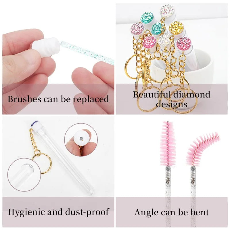 10pcs Mascara Wand Tubes Eyebrow Brush Diamond Key Chain Tube Mascara Brushes Eyelash Spoolies Brush Makeup Tools