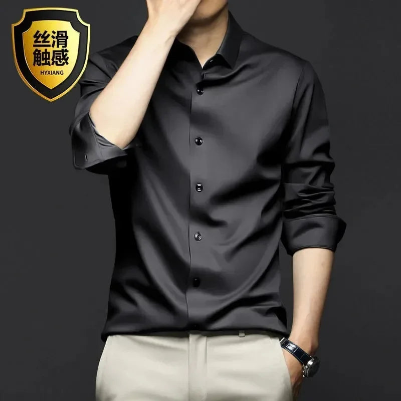 Luxury Men's Social Dress Shirts Spring Autumn Smooth Soft Wrinkle-resistant Non-iron Solid Color Casual Ice Silk