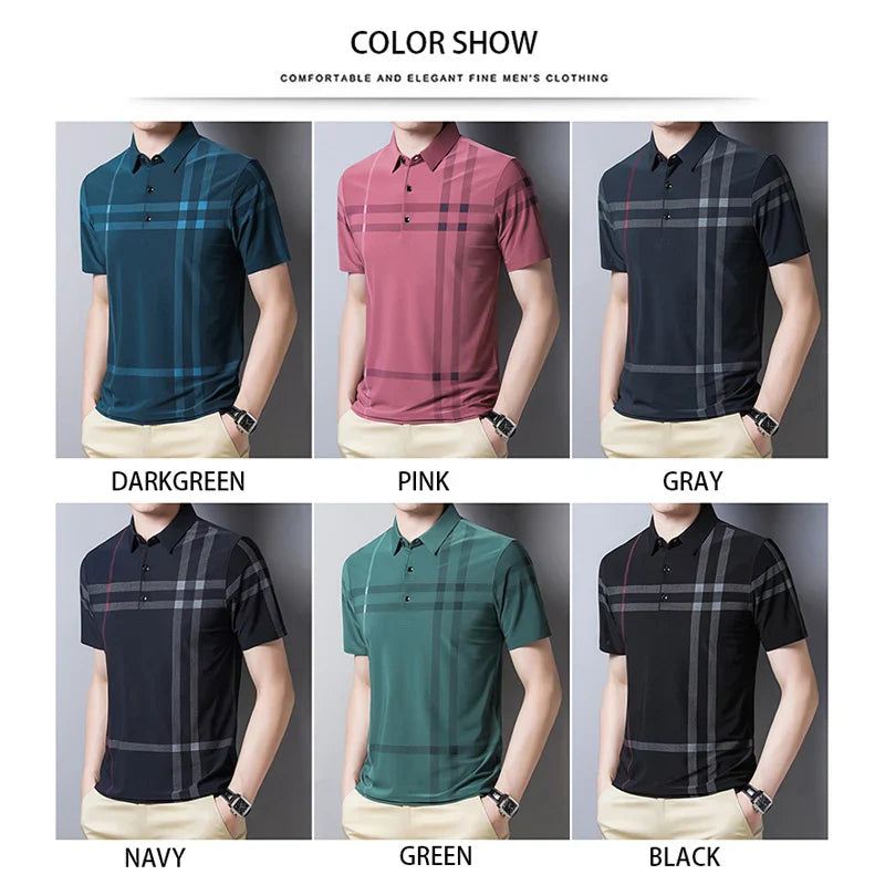 BROWON Business Polo Shirt Men Summer New Casual Loose Breathable Anti-wrinkle Short Sleeved Plaid Men Polo Shirt Men Tops