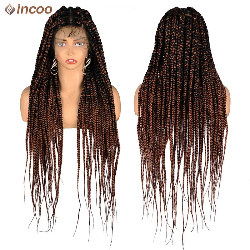 Jumbo Knotless Box Braids Wig For Black Women Synthetic Cornrows Wig Faux Locs Dreadlocks Full Lace Front Wigs Tribal Braides