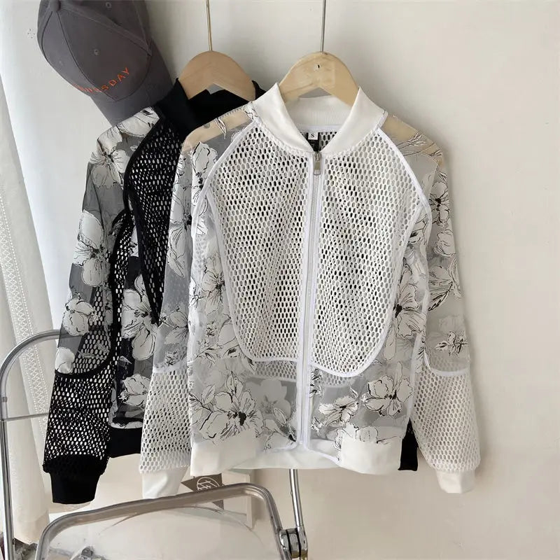 Sunscreen Skin Coats Sport Baseball Jersey Unisex Mesh Patchwork Flower Jacket Summer Men's White Hollowed Out Plus Size Outfit