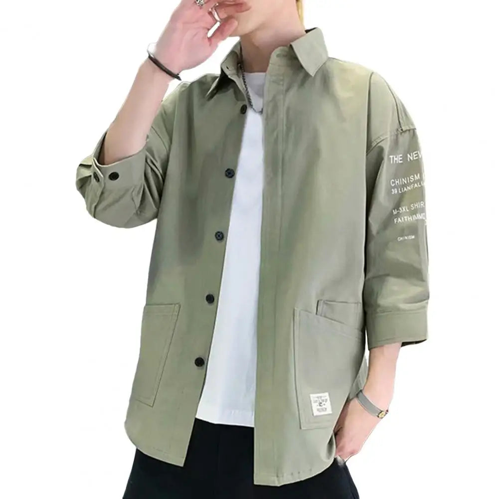 Men Three-quarter Sleeve Shirt Japanese Style Casual Jacket Men's Japanese Style Casual Cargo Shirt Coat with for Spring