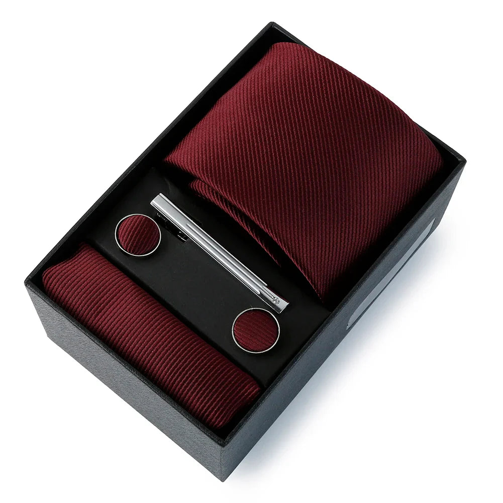 Top Quality Classic Business Ties Hanky Cufflink Clips Set Solid Color Necktie For Men Slim Gravatas Wedding Party In Gift Box