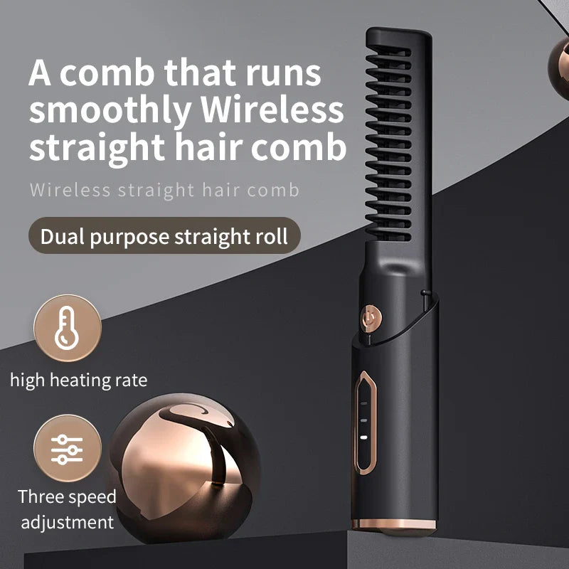 Portable Wireless Electric Hair Brush Heating Hair Straightener  2 IN 1 Home Travel Womem Anti-scalding Hair Straight Curly Comb