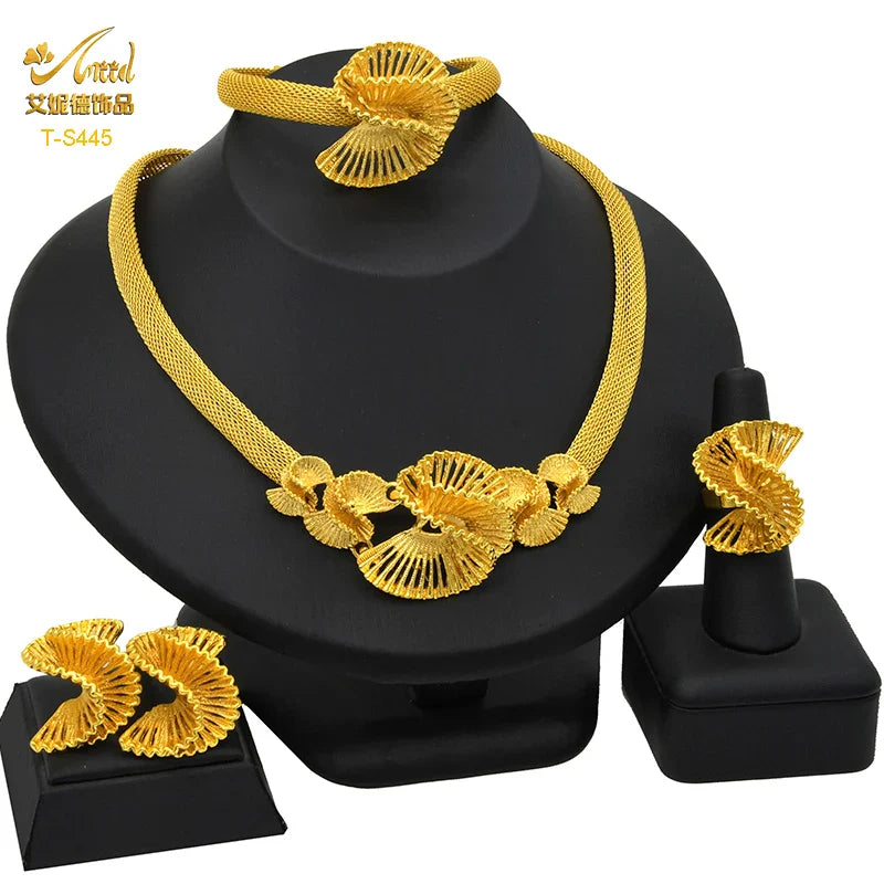 Indian Luxury Necklace Jewelry Sets For Women Dubai Gold Color African Arabic Wedding Bridal Collection Sets Earring Jewellery